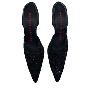 Walter Steiger NWOB Black Beaded Sling Back Stiletto Heels Size 8.5 B‎